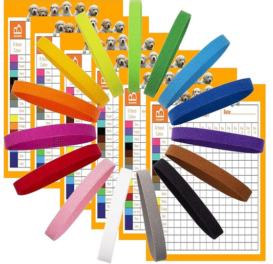 Retrieverworx Gamuda 15Pcs Newborn Puppy Collars, Super Soft Nylon Adjustable Whelping ID Bands, Assorted Colors Litter Identification Set with 6 Record Keeping Charts